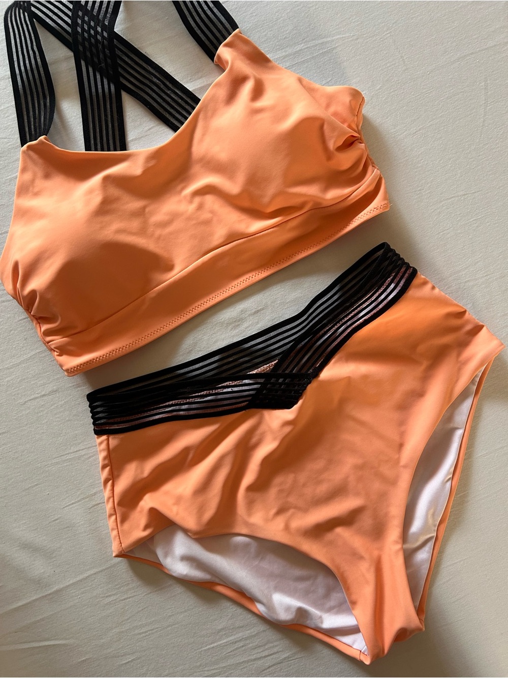 Peach/Orange High Waisted Bikini Set L Crisscross Mesh Straps Removable Pads